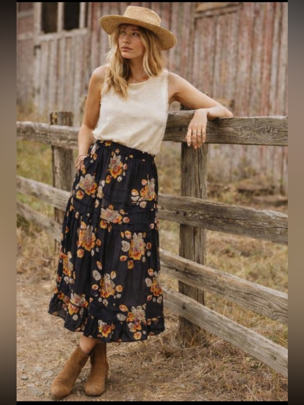 NWT The GREAT. The Frontier Floral Midi Skirt in Black & Light Brown Size S - Picture 2 of 16